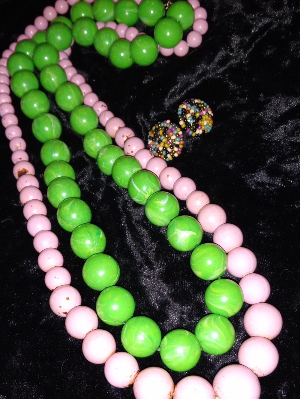 Pink and Green Beaded Necklace Set & Earrings